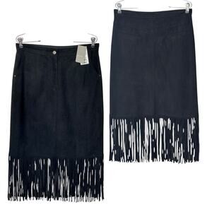 Vintage Abito Fringe Midi Skirt Black Faux Suede M Western Festival NWT